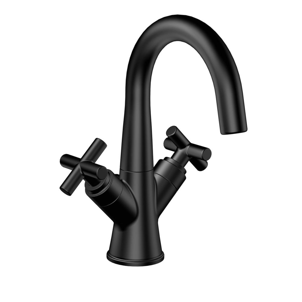 Robinet de salle de bain à arc élevé à 2 poignées Wilmont Centerset (4 pouces) en noir mat avec poignées croisées