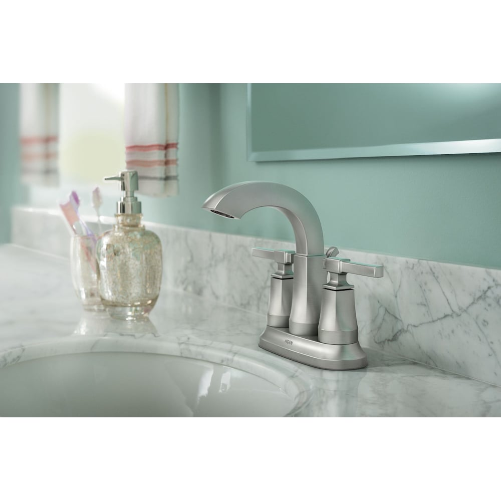 Robinet de lavabo de salle de bain central Ayda à 2 poignées de 4 pouces en nickel résistant aux taches (drain et valve inclus)