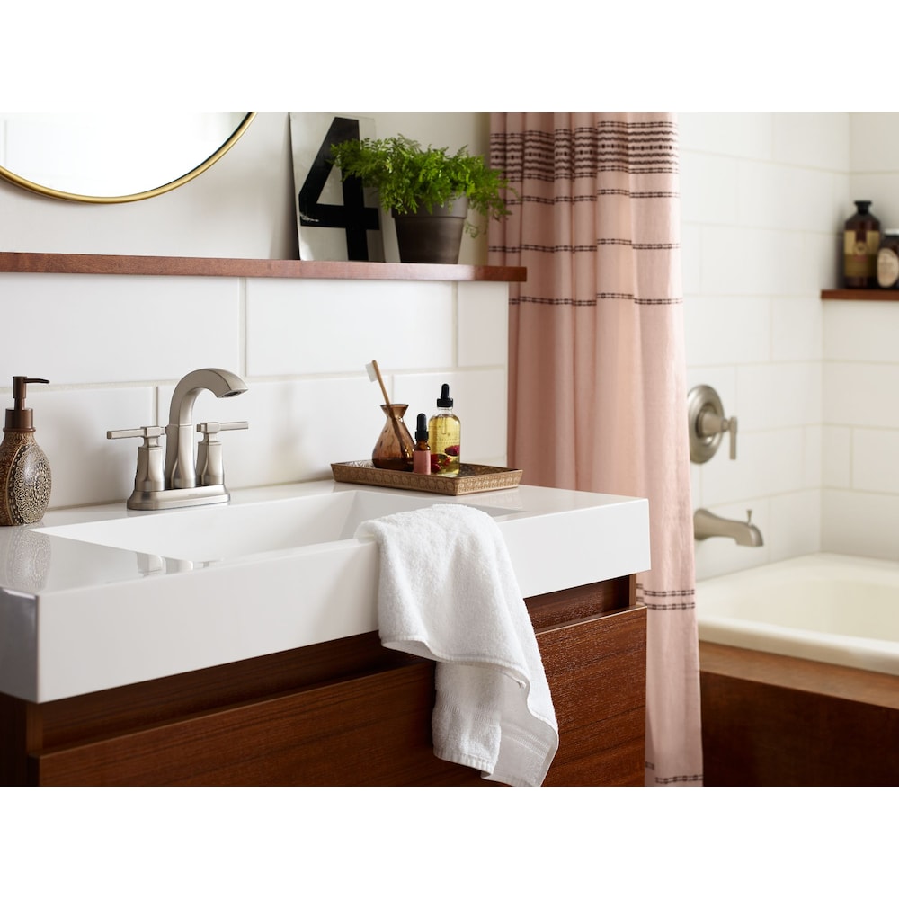 Robinet de lavabo de salle de bain central Ayda à 2 poignées de 4 pouces en nickel résistant aux taches (drain et valve inclus)