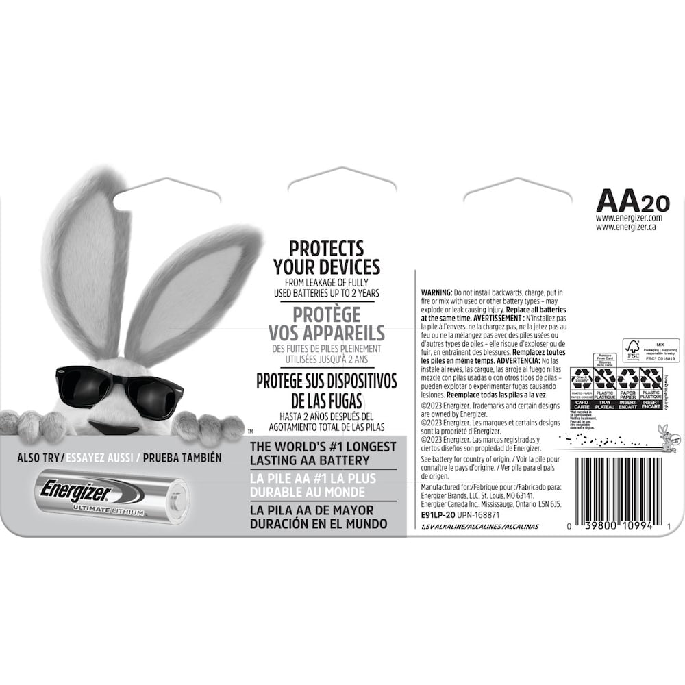 Piles Energizer MAX AA (paquet de 20), piles alcalines doubles A
