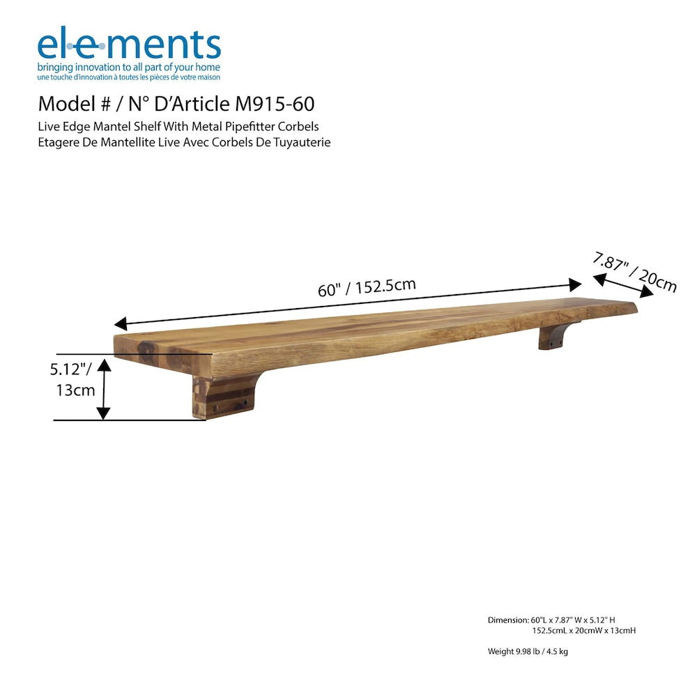 Étagère de cheminée Live Edge de 60 pouces avec corbeaux en bois
