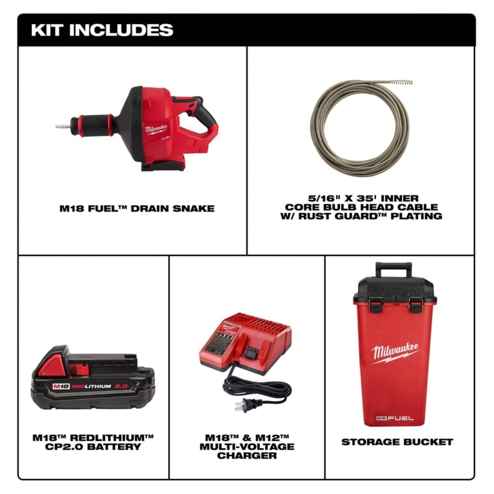 M18 FUEL 18V Lithium-Ion Cordless Drain Cleaning Snake Auger with 5/16-inch Cable Drive Kit
