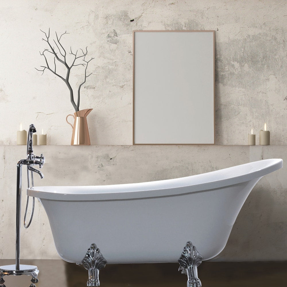 Freestanding claw foot acrylic bathtub with polished chrome pop-up drain. UPC Certified. 6310-L