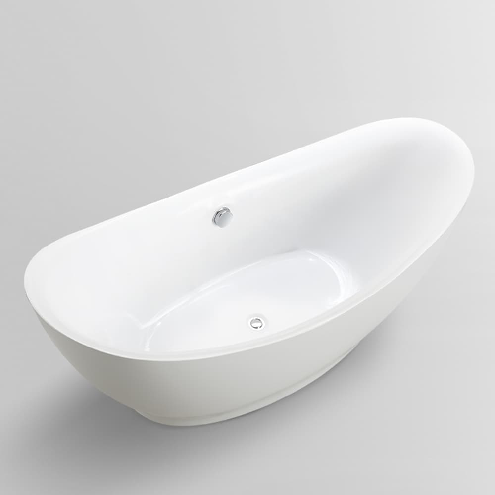 Freestanding acrylic bathtub with polished chrome round overflow and pop-up drain. 6513