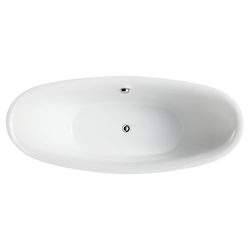 Freestanding acrylic bathtub with polished chrome round overflow and pop-up drain. 6513
