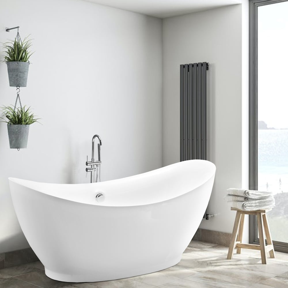 Freestanding acrylic bathtub with polished chrome round overflow and pop-up drain. 6513