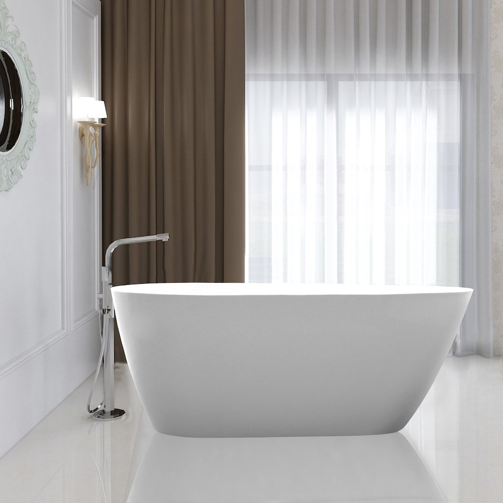 Freestanding acrylic bathtub with polished chrome slotted overflow and pop-up drain. 6515