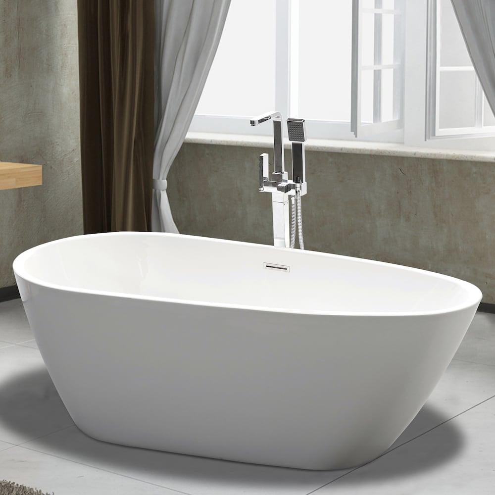 Freestanding acrylic bathtub with polished chrome slotted overflow and pop-up drain. 6515