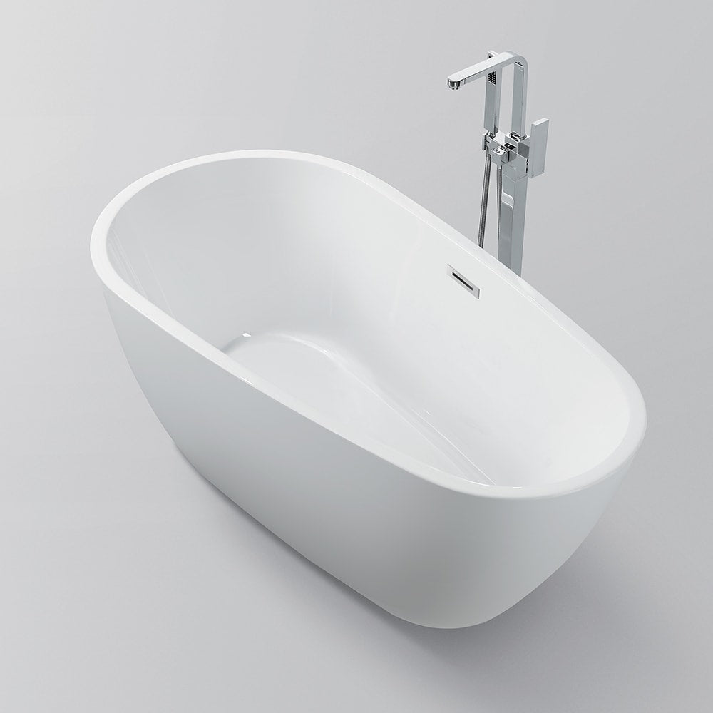 Freestanding acrylic bathtub with polished chrome slotted overflow and pop-up drain. 6515