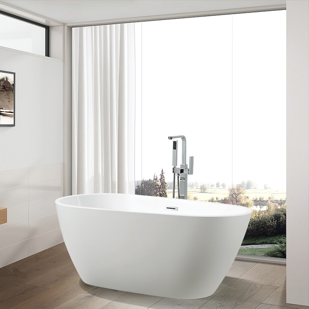 Freestanding acrylic bathtub with polished chrome slotted overflow and pop-up drain. 6515