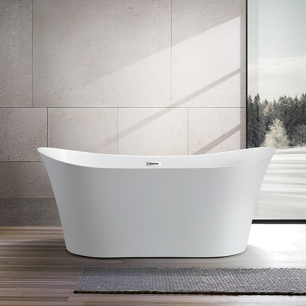 Freestanding acrylic bathtub with polished chrome slotted overflow and pop-up drain. 6805