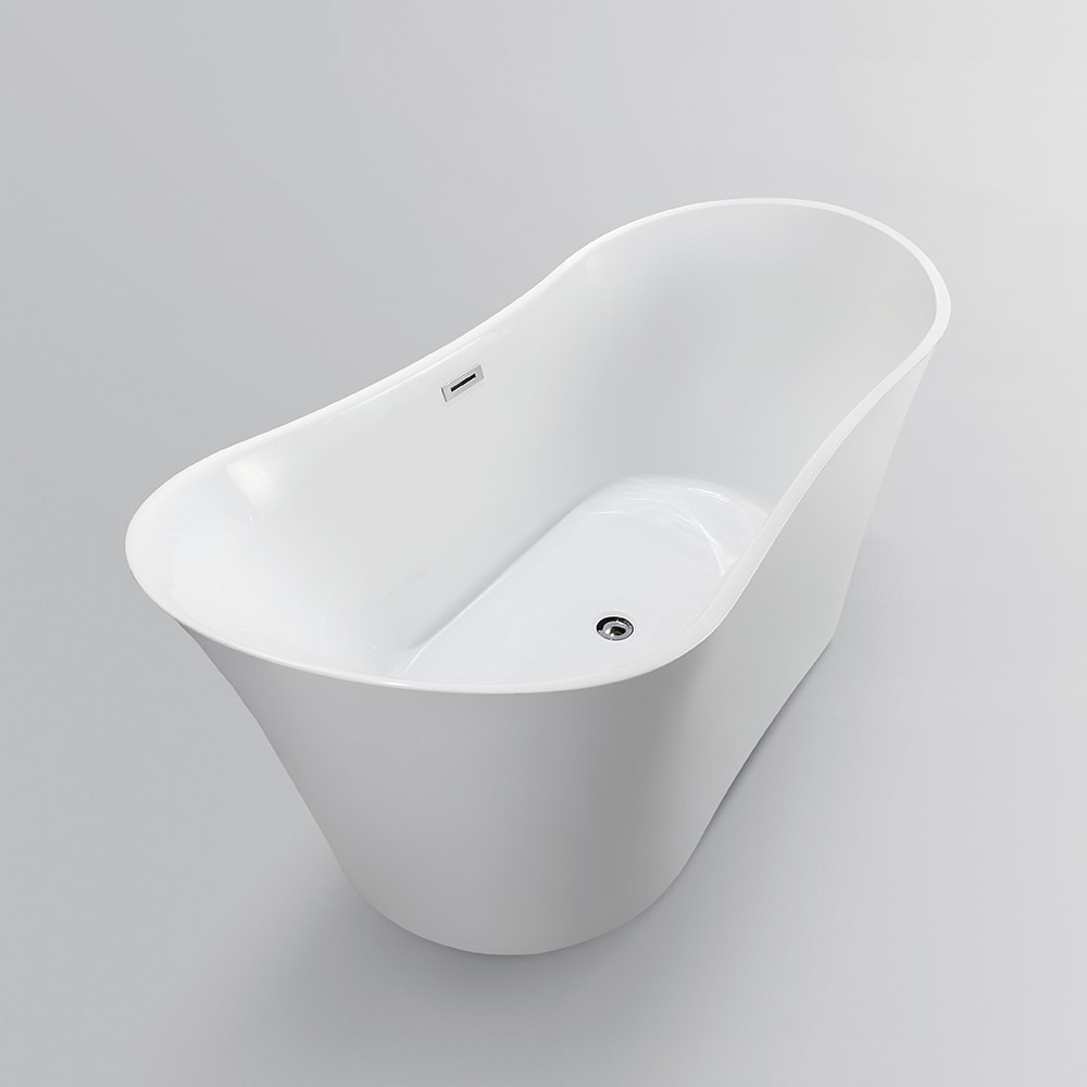 Freestanding acrylic bathtub with polished chrome slotted overflow and pop-up drain. 6805