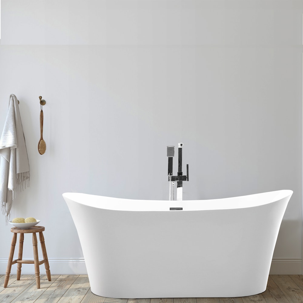 Freestanding acrylic bathtub with polished chrome slotted overflow and pop-up drain. 6805