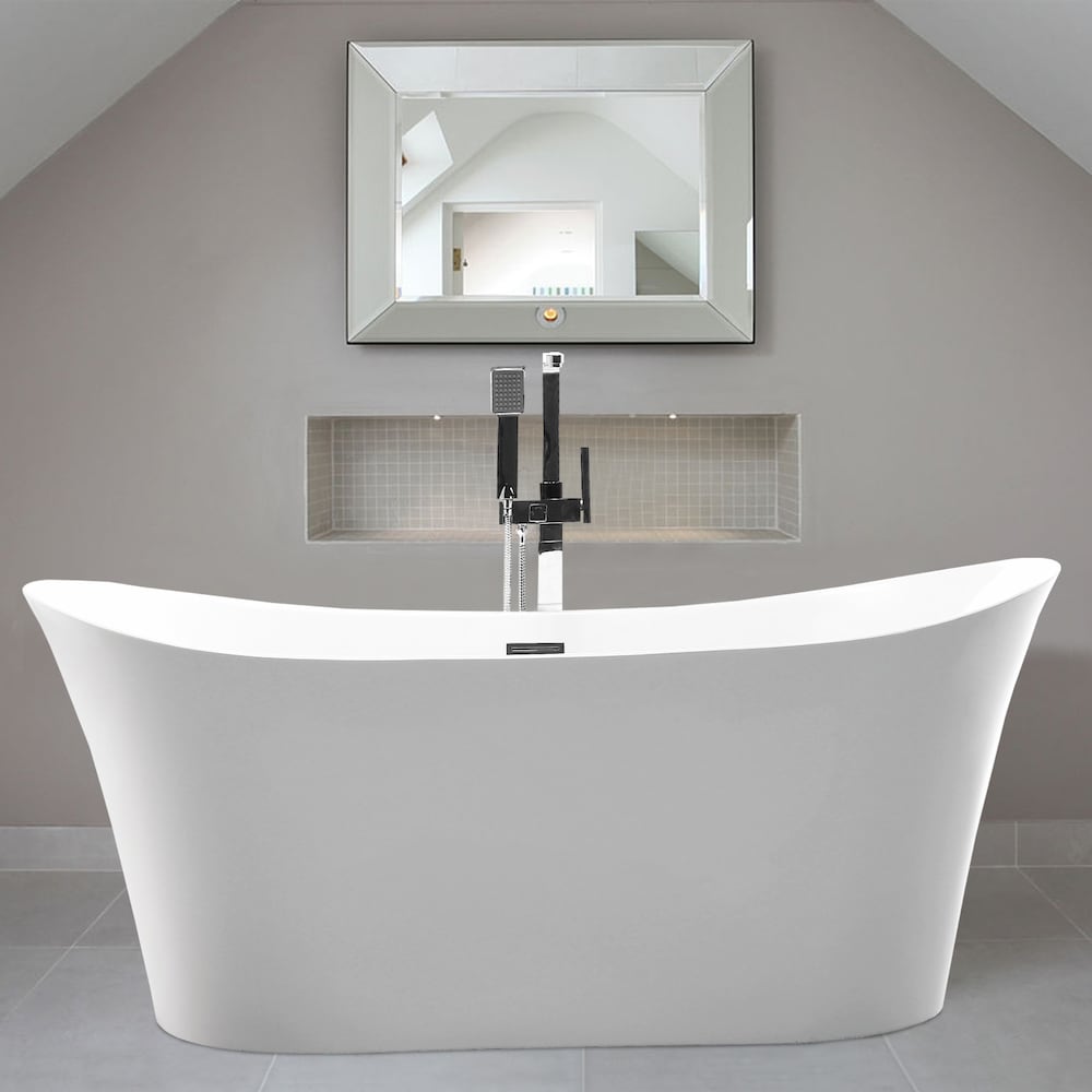 Freestanding acrylic bathtub with polished chrome slotted overflow and pop-up drain. 6805