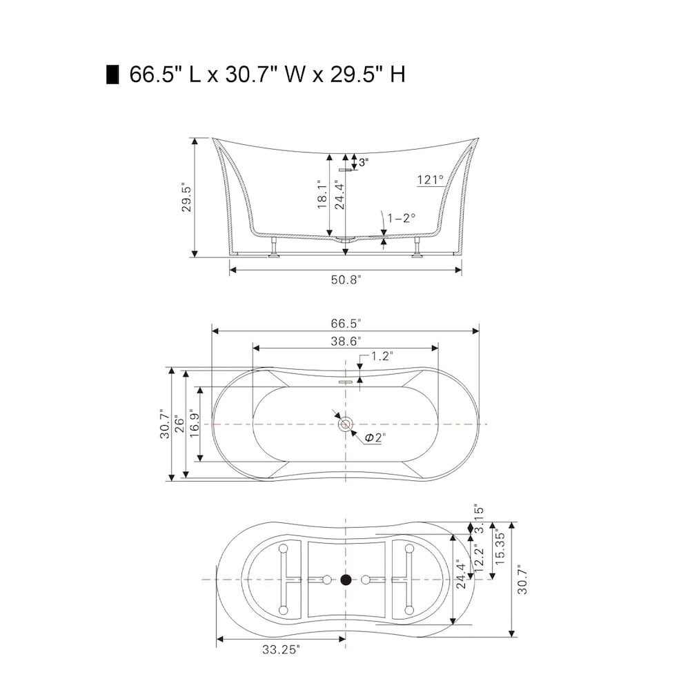 Freestanding acrylic bathtub with polished chrome slotted overflow and pop-up drain. 6805