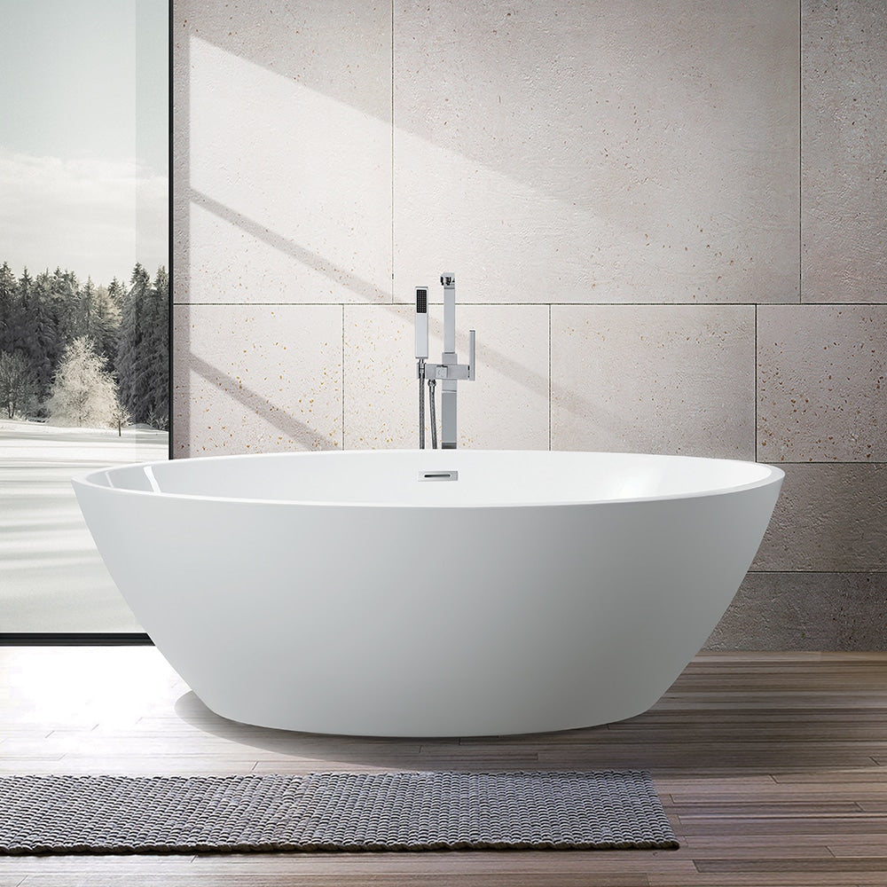 Freestanding acrylic bathtub with polished chrome slotted overflow and pop-up drain. 6834