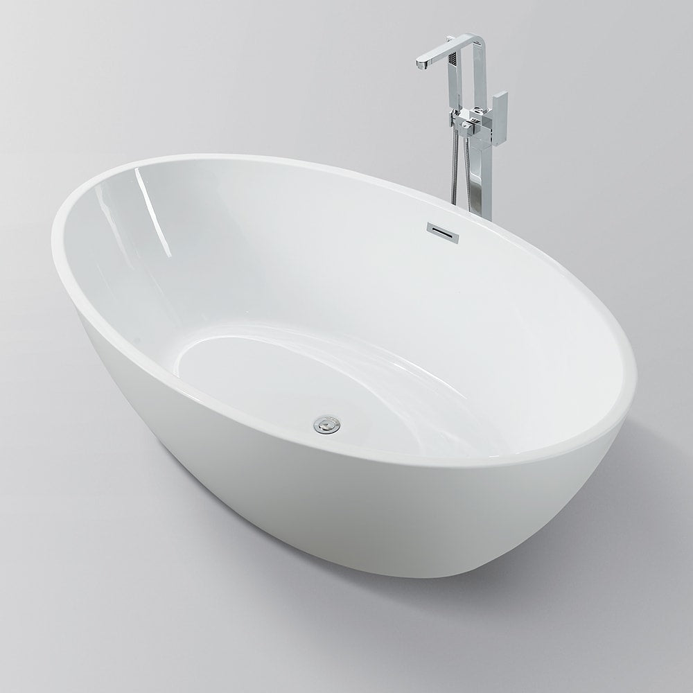 Freestanding acrylic bathtub with polished chrome slotted overflow and pop-up drain. 6834