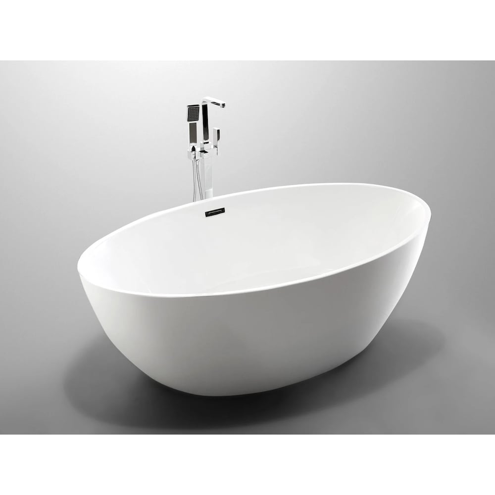 Freestanding acrylic bathtub with polished chrome slotted overflow and pop-up drain. 6834
