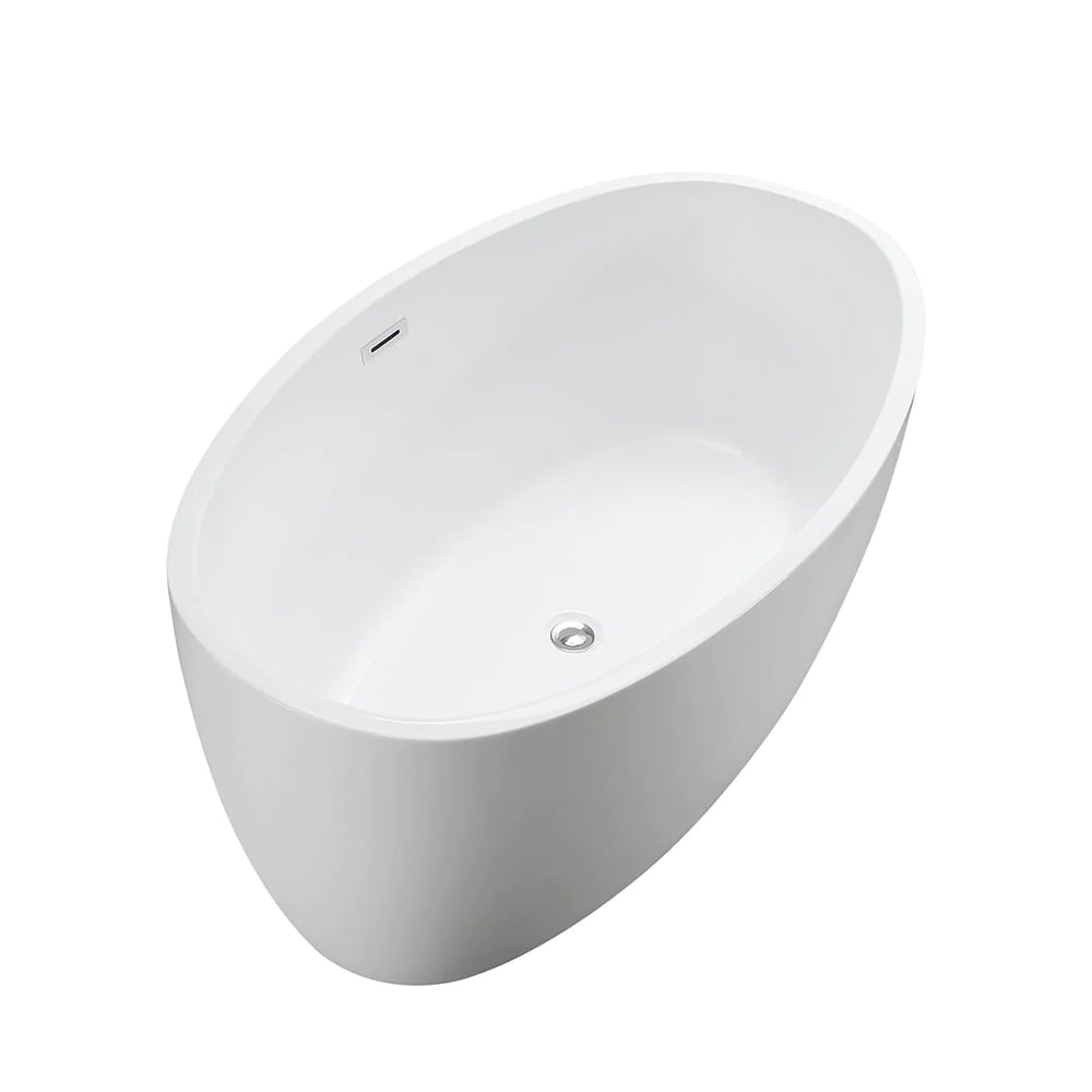 Freestanding acrylic bathtub with polished chrome slotted overflow and pop-up drain. 6834