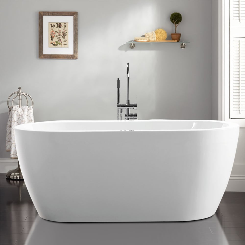 Freestanding acrylic bathtub with polished chrome round overflow and pop-up drain. 6836