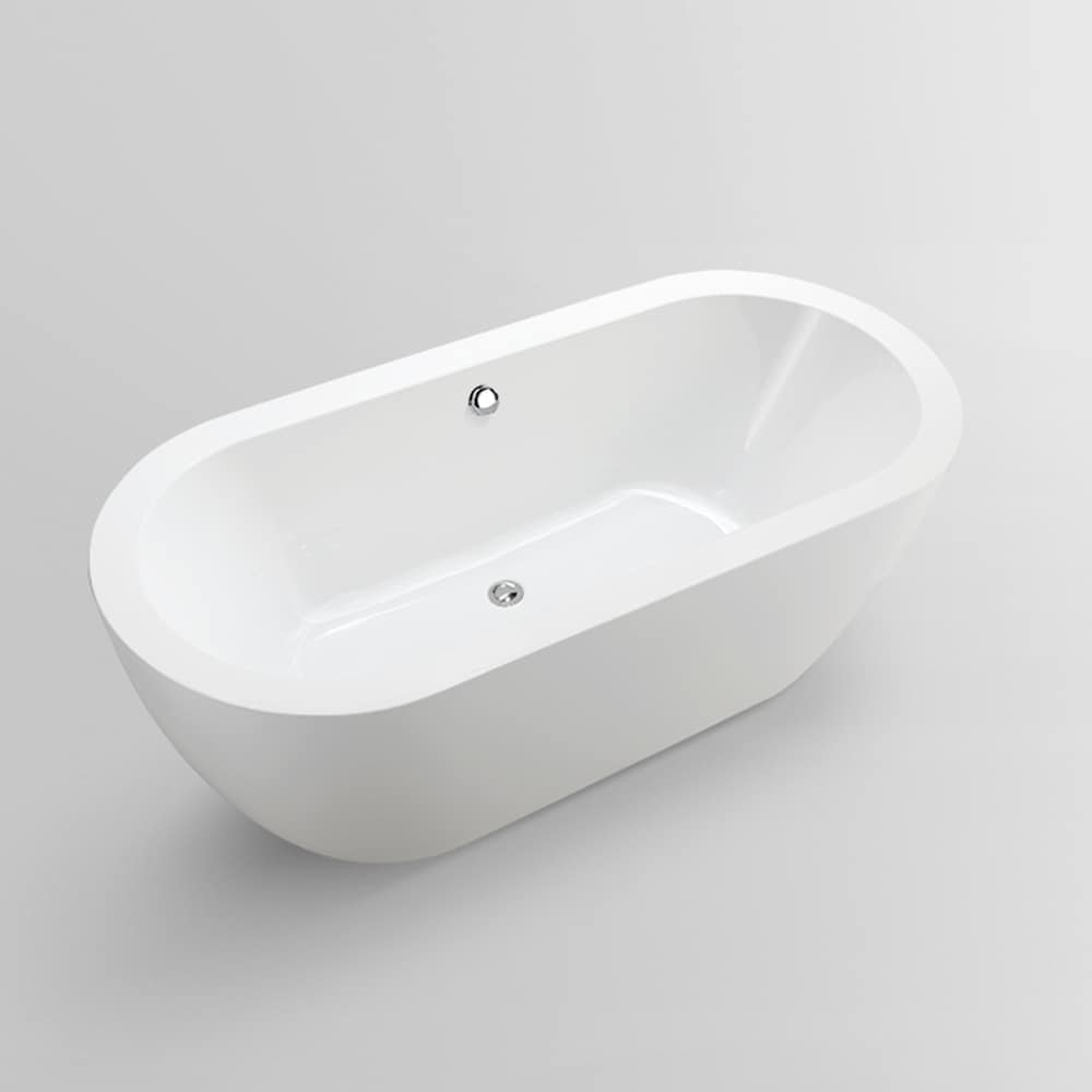 Freestanding acrylic bathtub with polished chrome round overflow and pop-up drain. 6836