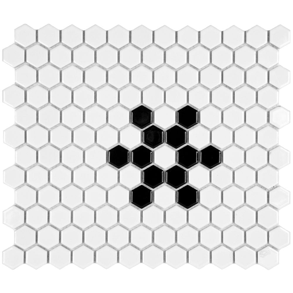 Metro Hex Glossy White w Black Snowflake 10-1/4-inch x 11-3/4-inch x5mm Porcelain Mosaic(8.56 sf/ca)