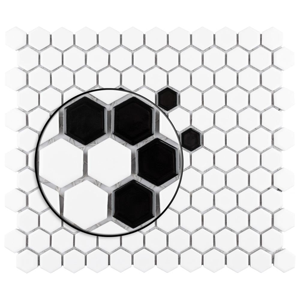 Metro Hex Glossy White w Black Snowflake 10-1/4-inch x 11-3/4-inch x5mm Porcelain Mosaic(8.56 sf/ca)