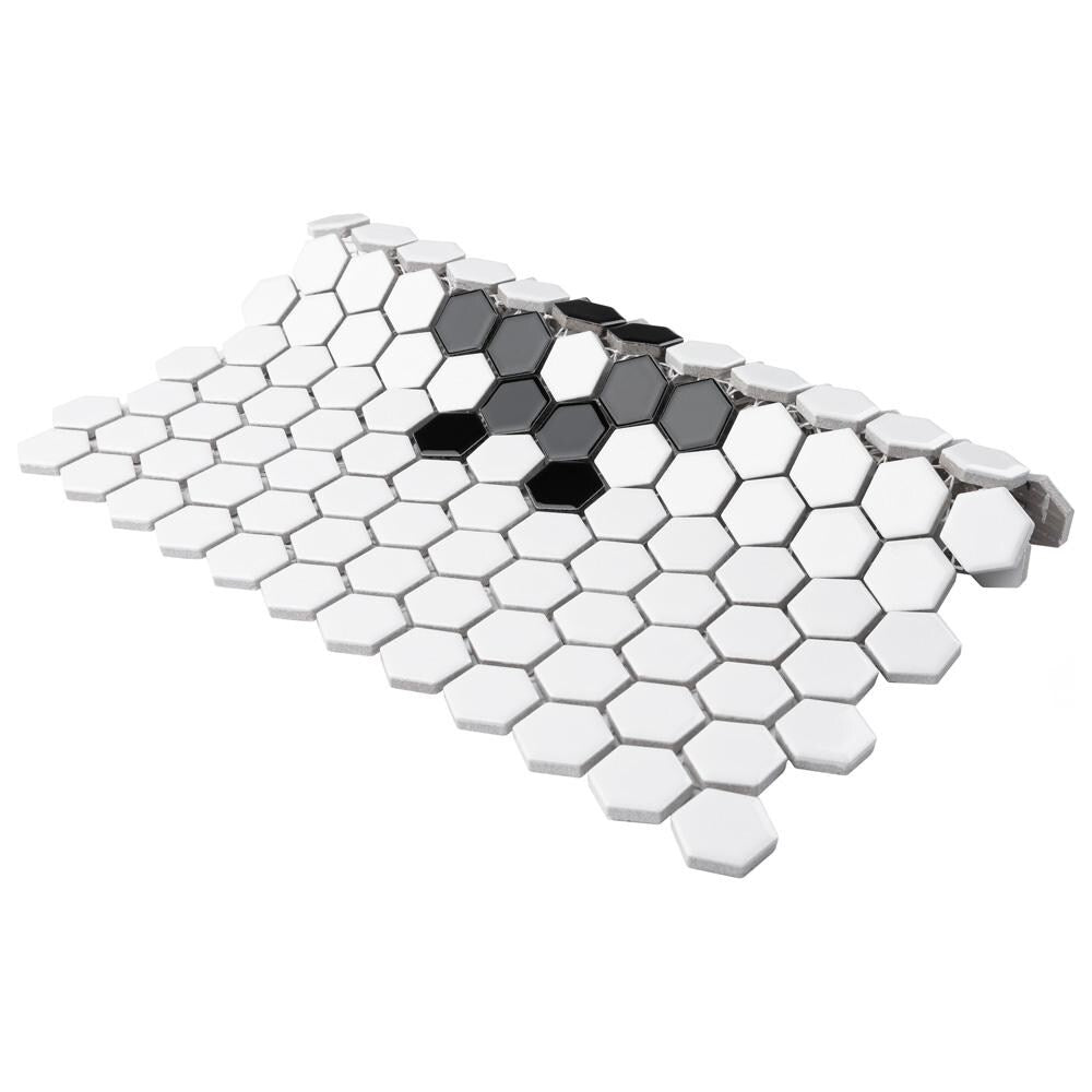 Metro Hex Glossy White w Black Snowflake 10-1/4-inch x 11-3/4-inch x5mm Porcelain Mosaic(8.56 sf/ca)