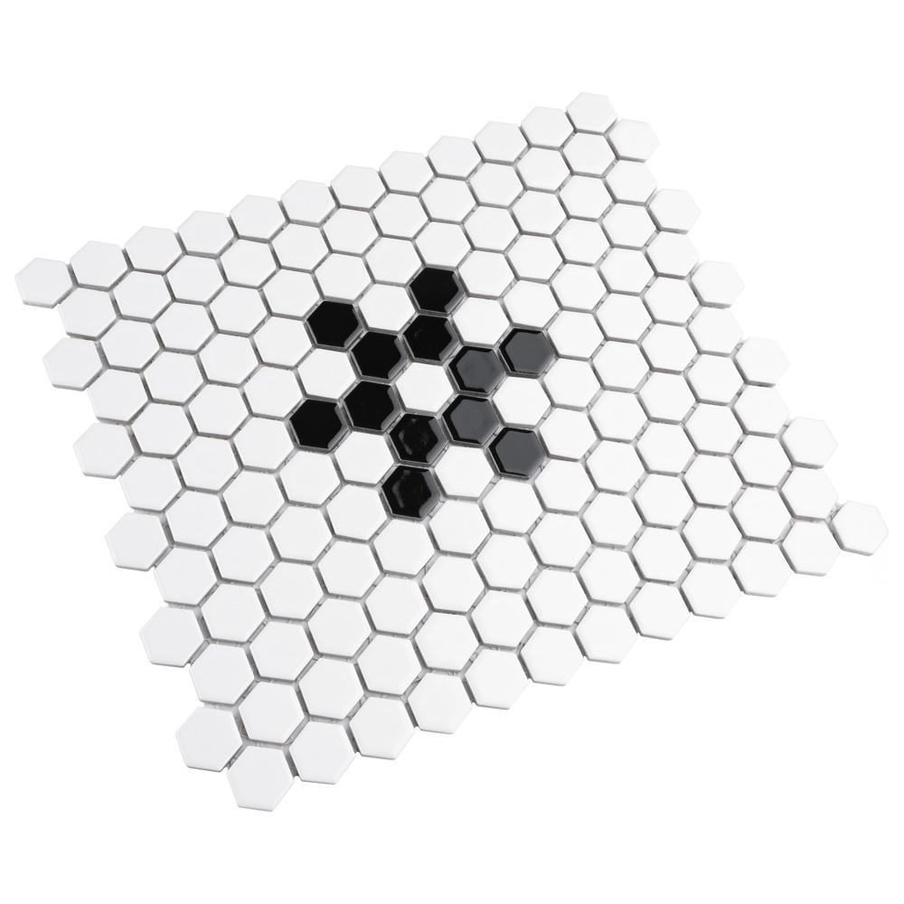 Metro Hex Glossy White w Black Snowflake 10-1/4-inch x 11-3/4-inch x5mm Porcelain Mosaic(8.56 sf/ca)