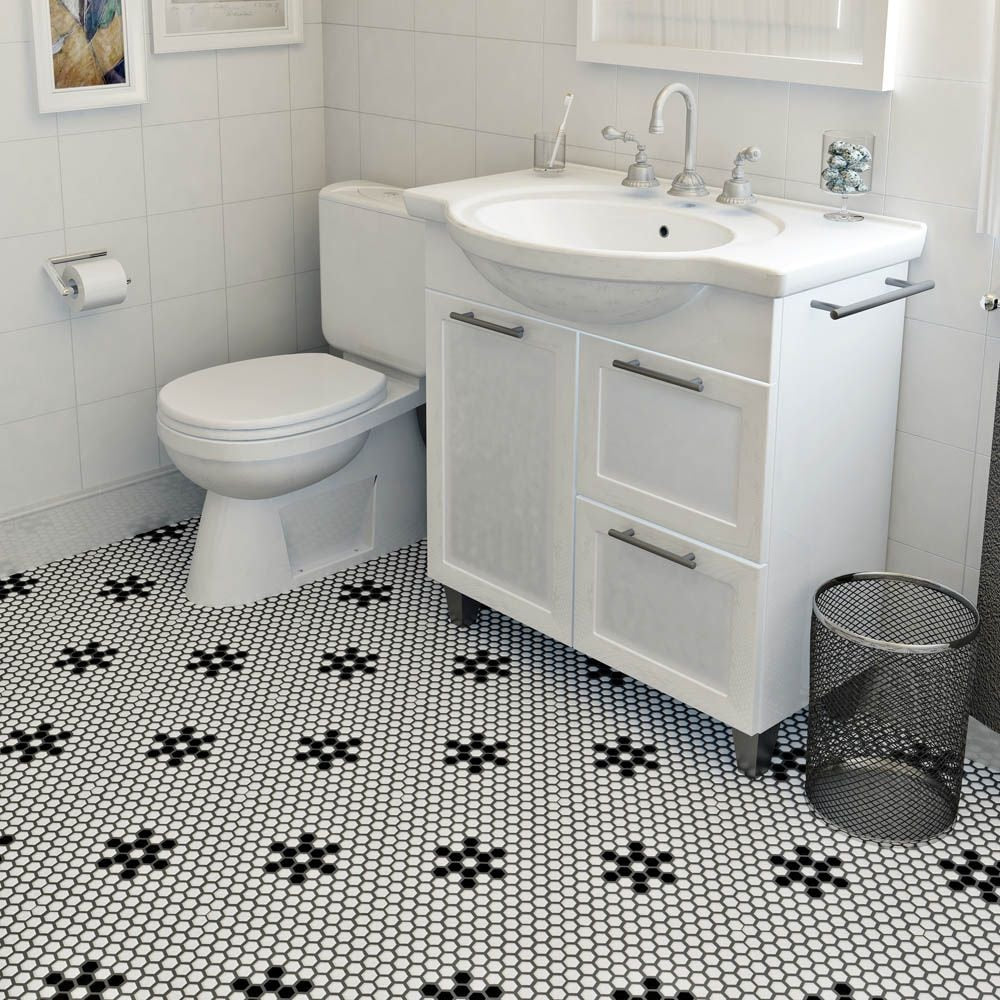 Metro Hex Glossy White w Black Snowflake 10-1/4-inch x 11-3/4-inch x5mm Porcelain Mosaic(8.56 sf/ca)