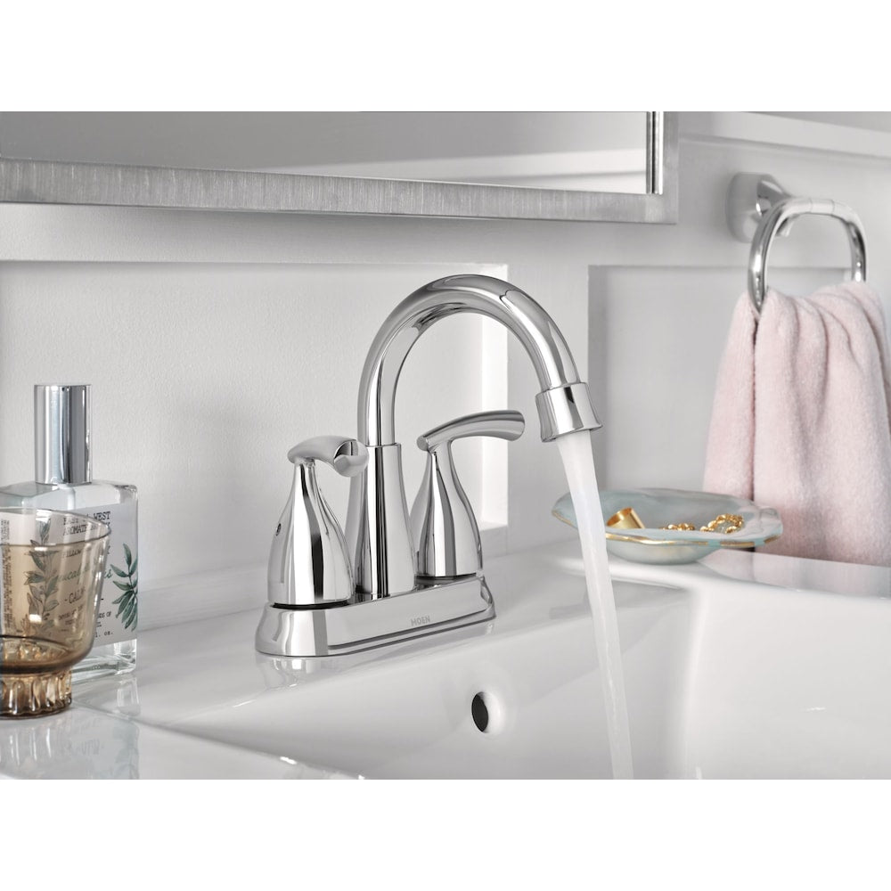 Robinet de lavabo de salle de bain central Essie à 2 poignées de 4 pouces en chrome (vidange et valve incluses)