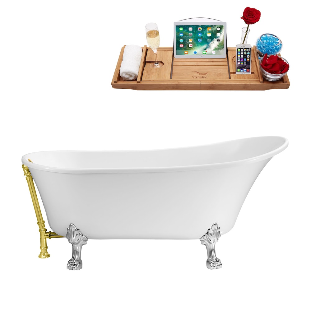 67-inch  N340CH-GLD Soaking Clawfoot Tub and Tray With External Drain