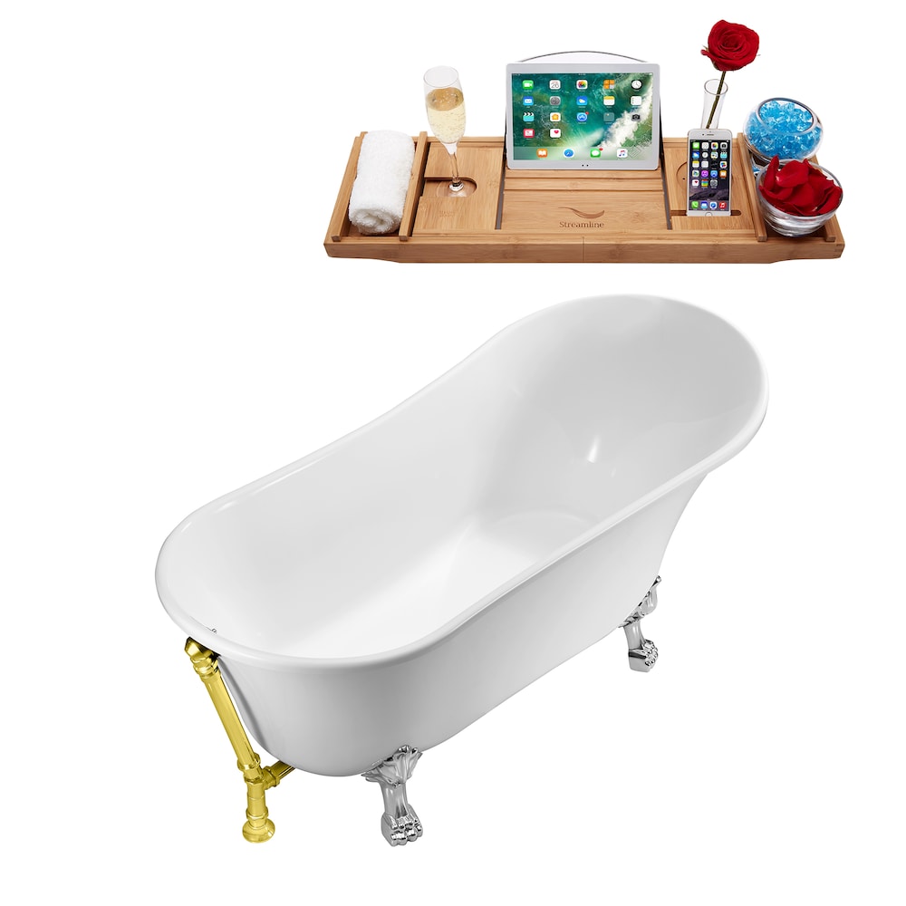 59-inch  N341CH-GLD Soaking Clawfoot Tub and Tray With External Drain
