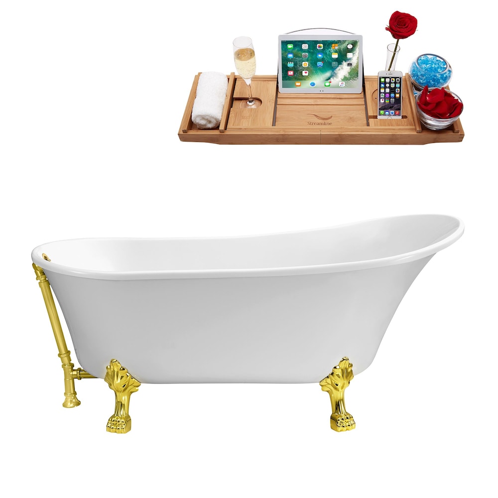 59-inch  N341GLD-GLD Soaking Clawfoot Tub and Tray With External Drain