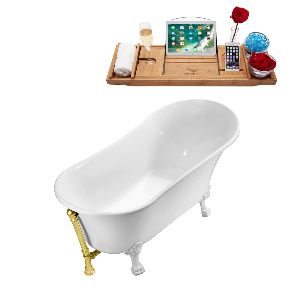 59-inch  N341WH-GLD Soaking Clawfoot Tub and Tray With External Drain