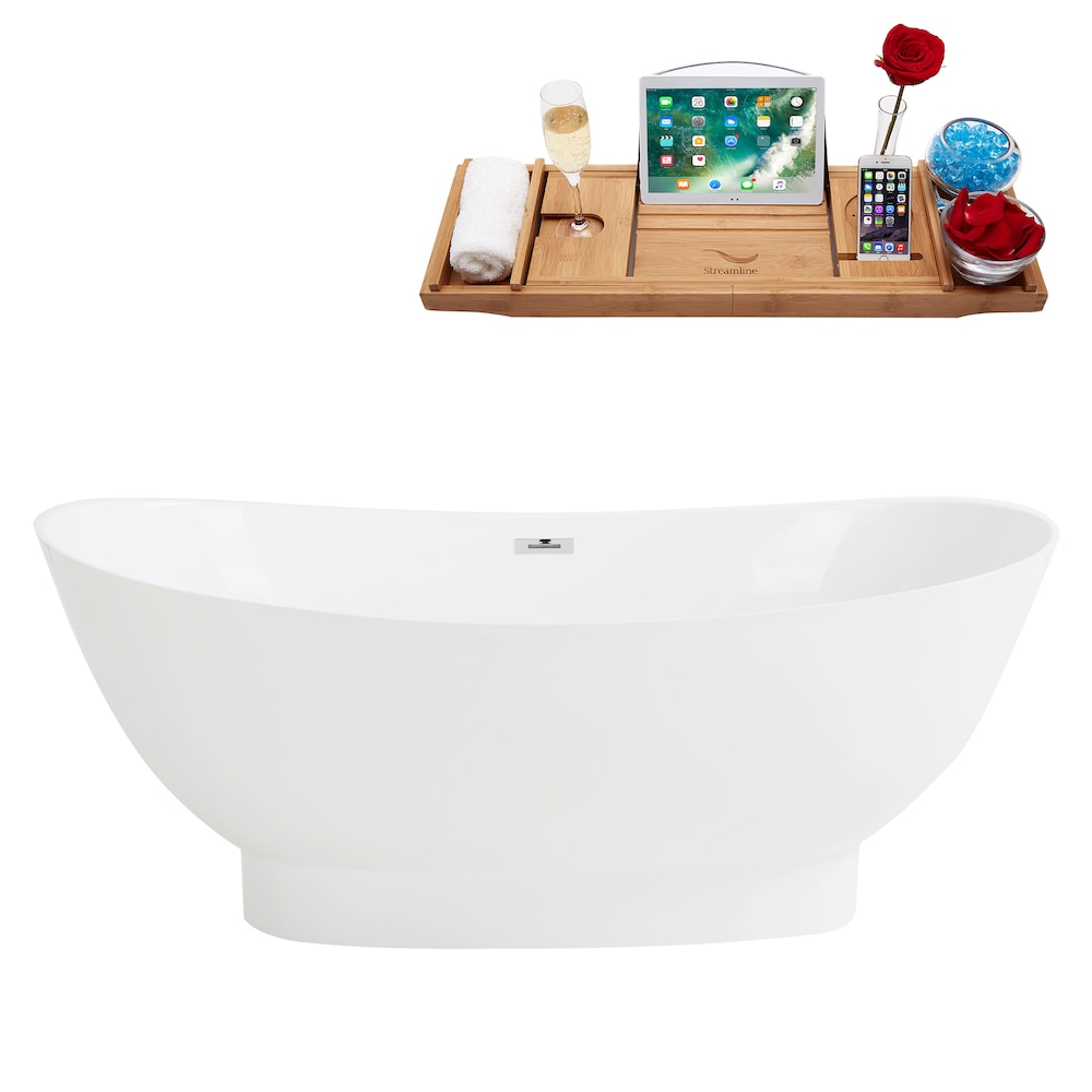63 inch Solid Surface Resin K-96-63FSWHSS-FM Soaking Freestanding Tub and Tray with Internal Drain