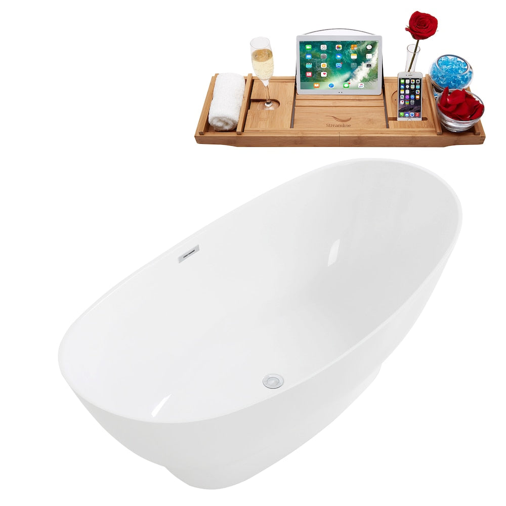 63 inch Solid Surface Resin K-96-63FSWHSS-FM Soaking Freestanding Tub and Tray with Internal Drain