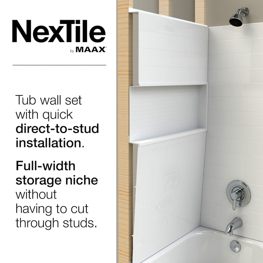 Ensemble de douche pour baignoire NexTile de 60 po L x 30 po l x 81,25 po H avec contour de baignoire en carreaux de métro blancs, niche intégrée, porte coulissante noire mate, baignoire AcrylX avec drain à gauche et revêtement brut au-dessus du sol