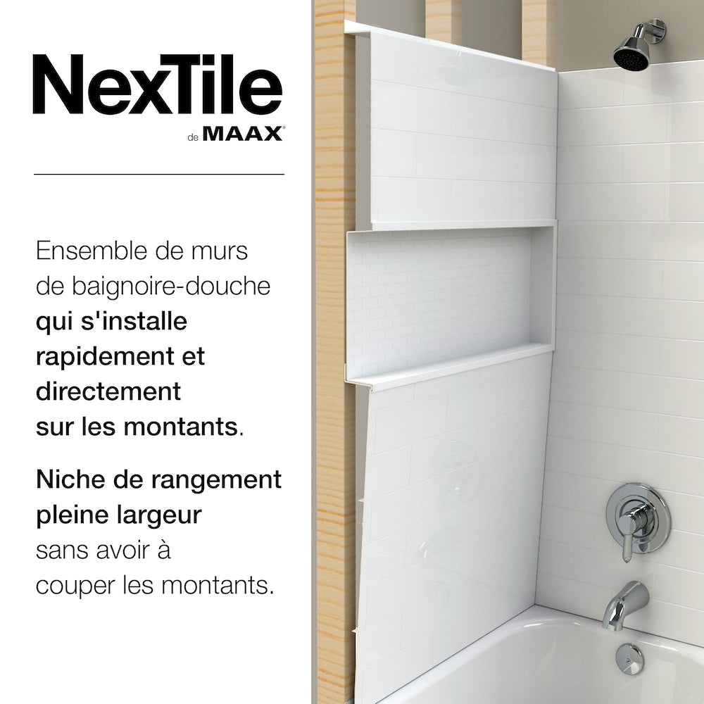 Ensemble de douche pour baignoire NexTile de 60 po L x 30 po l x 81,25 po H avec contour de baignoire en carreaux de métro blancs, niche intégrée, porte coulissante noire mate, baignoire AcrylX avec drain à gauche et revêtement brut au-dessus du sol