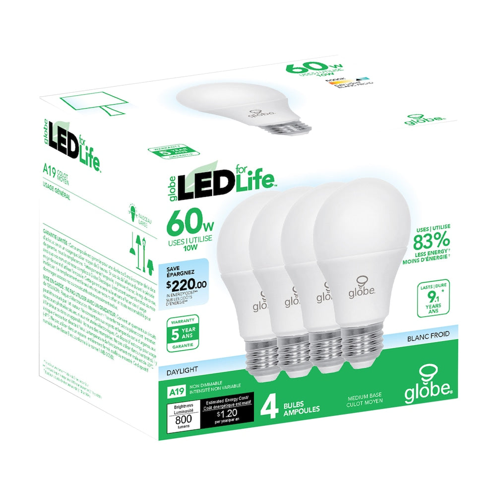 60 Watt Equivalent A19 Non-Dimmable LED Light Bulb (4-Pack), Daylight (5000K)