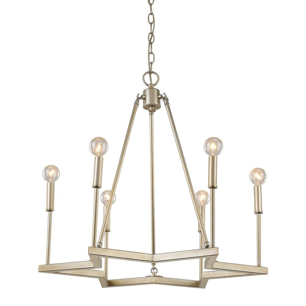 Reagan 6-Light Washed Gold Chandelier star shaped base with vertically placed candlestick holders