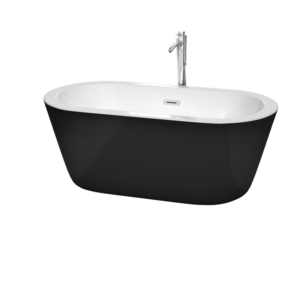 Mermaid 60 inch Freestanding Bathtub in Black with Floor Mounted Faucet and Trim in Polished Chrome