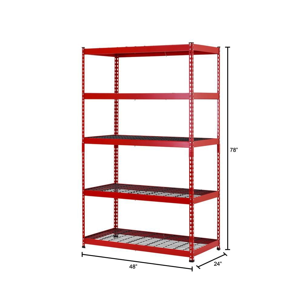 Étagère de rangement de garage industrielle robuste à 5 tablettes en acier soudé de 48 po de largeur x 78 po de hauteur x 24 po de profondeur, rouge