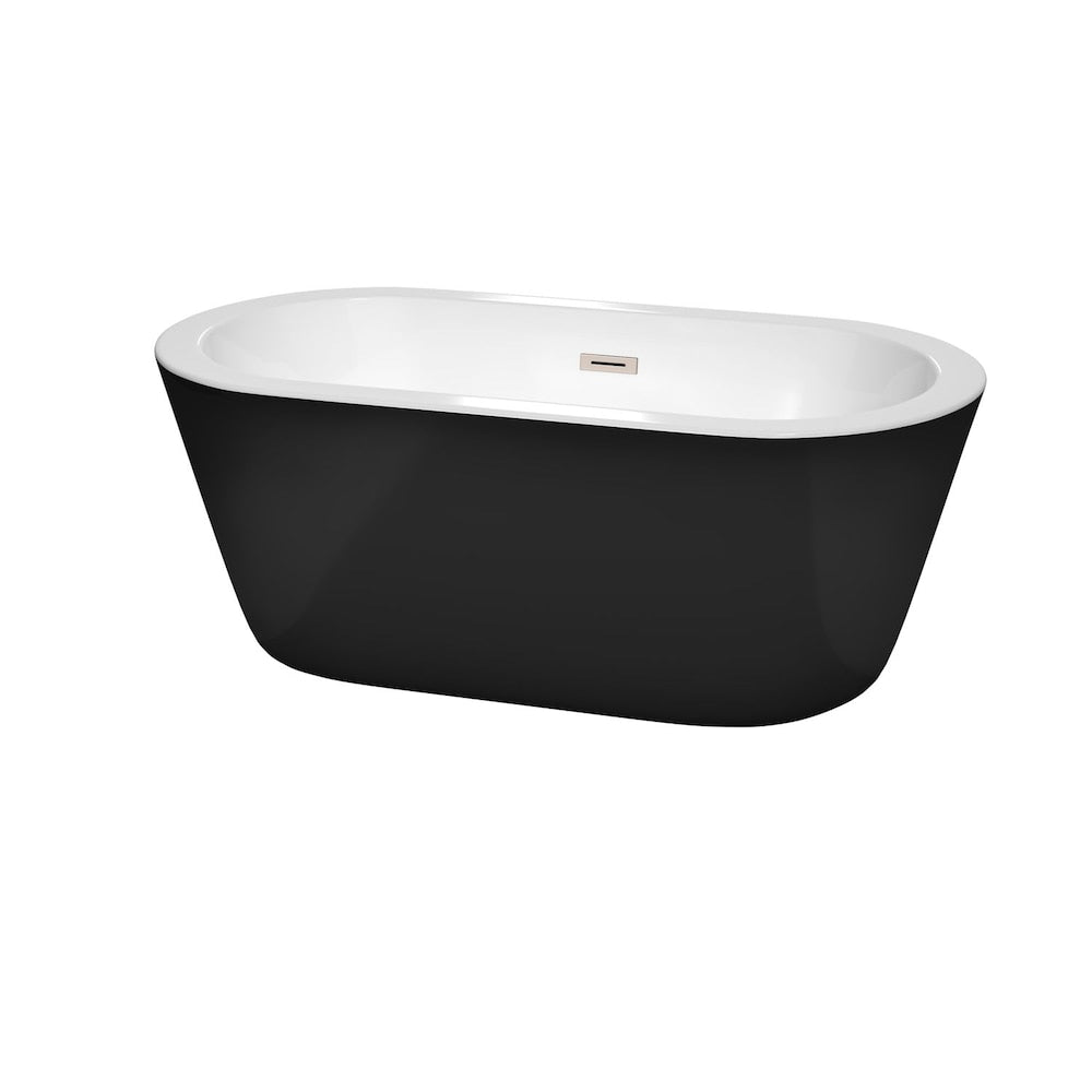 Baignoire autoportante Mermaid de 60 pouces en noir avec drain et garniture de trop-plein en nickel brossé