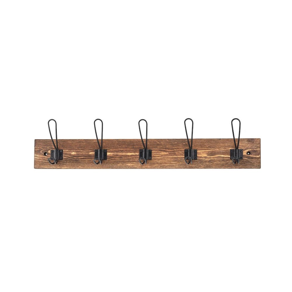 27-inch (685 mm) Classic Wood Hook Rack with 5 Steel Coat Hooks, Rustic Wood and Matte Black Finish