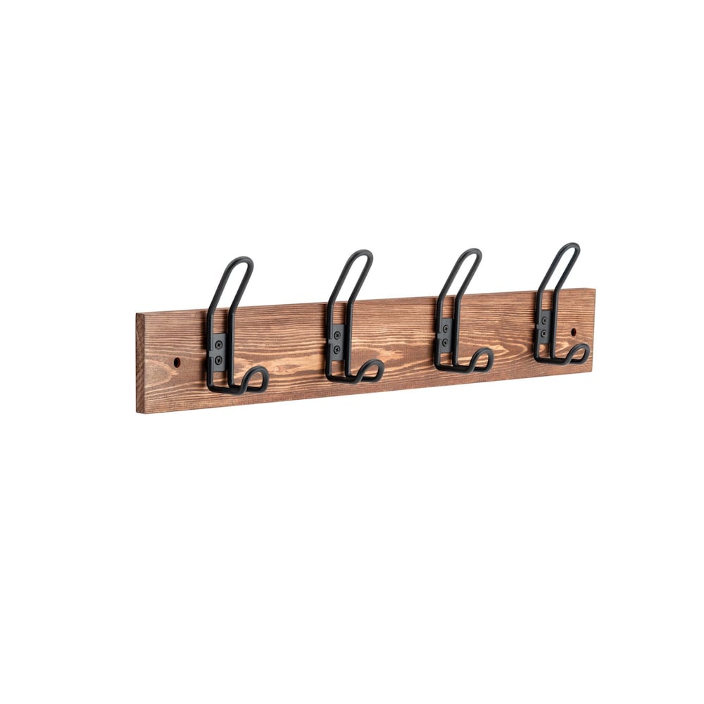 23 7/8-inch (607 mm) Utility Pine Hook Rack with 4 Iron Coat Hooks, Rustic Wood and Matte Black Finish