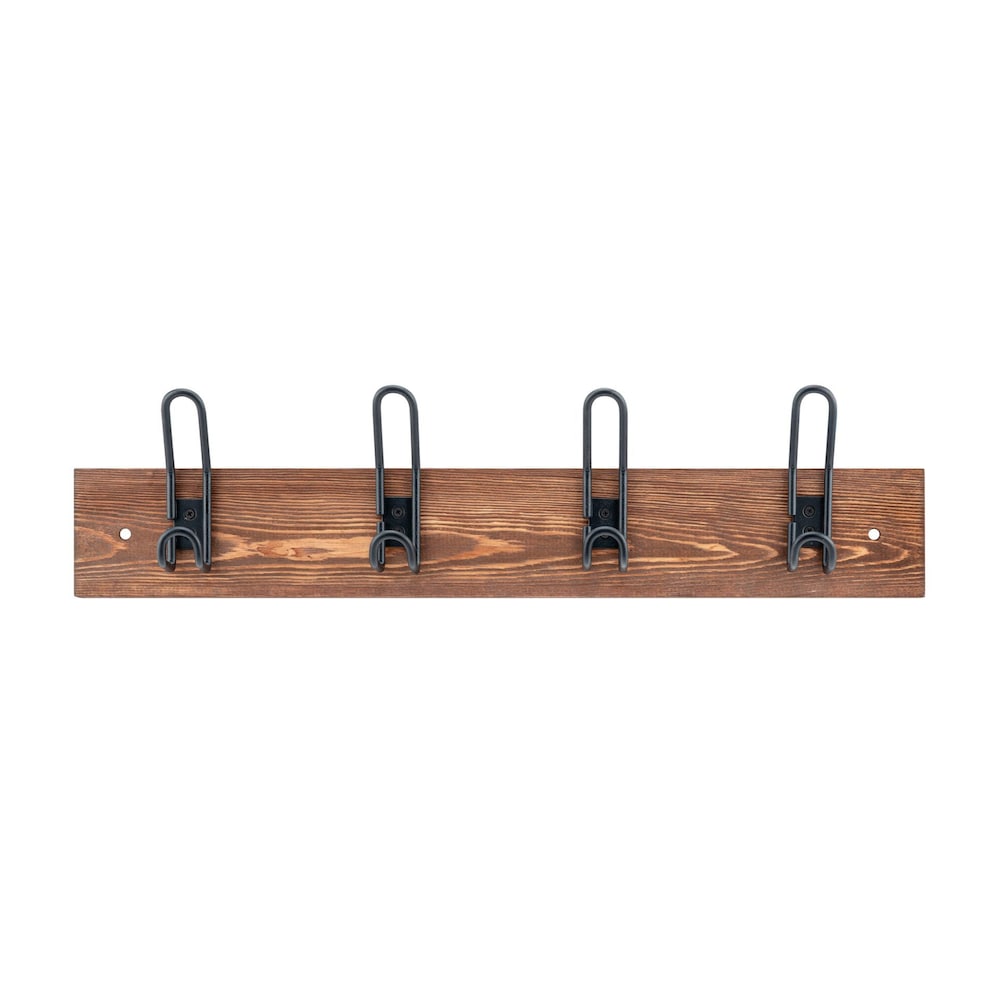 23 7/8-inch (607 mm) Utility Pine Hook Rack with 4 Iron Coat Hooks, Rustic Wood and Matte Black Finish