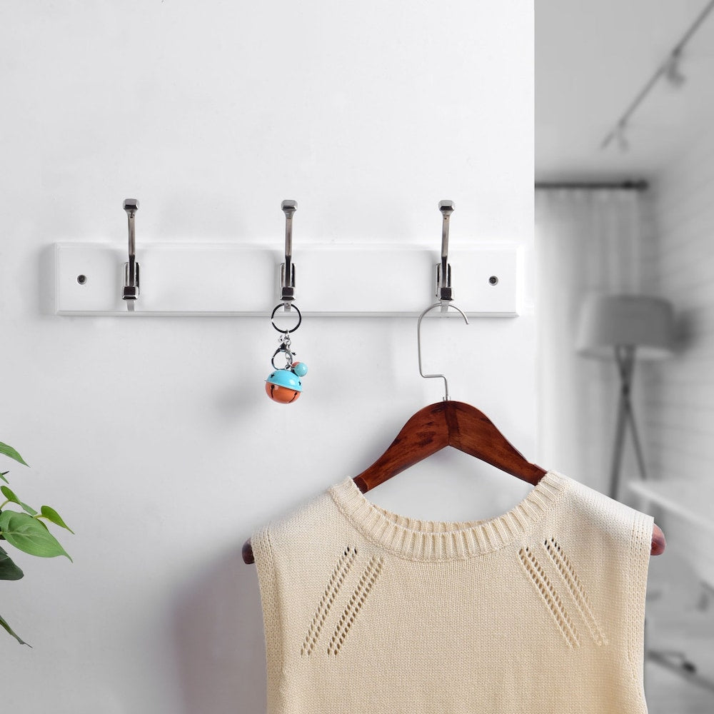 17 3/4-inch (450 mm) Transitional MDF Hook Rack with 3 Metal Coat Hooks, White and Brushed Nickel Finish