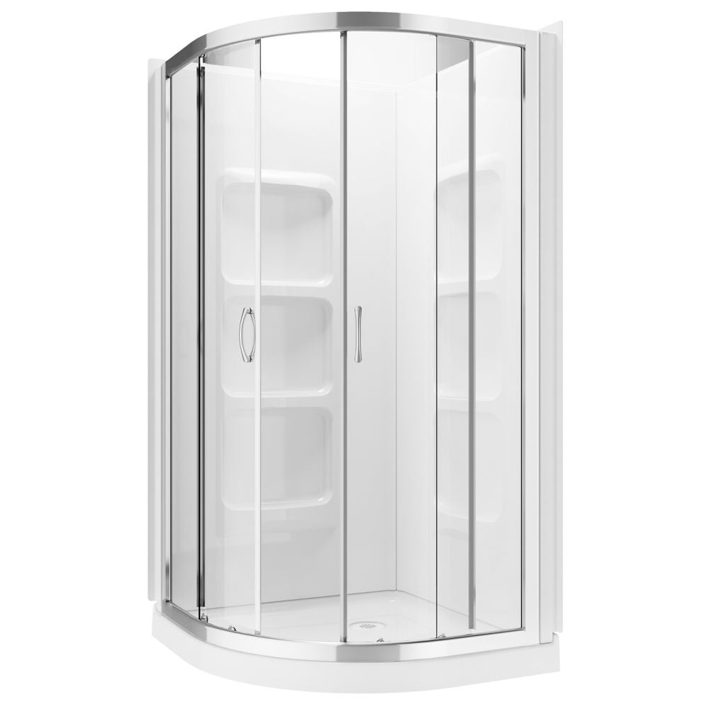 Ensemble de mur et de base de douche d'angle néo-rond Casey 3 pièces à 6 étagères avec portes coulissantes sans cadre