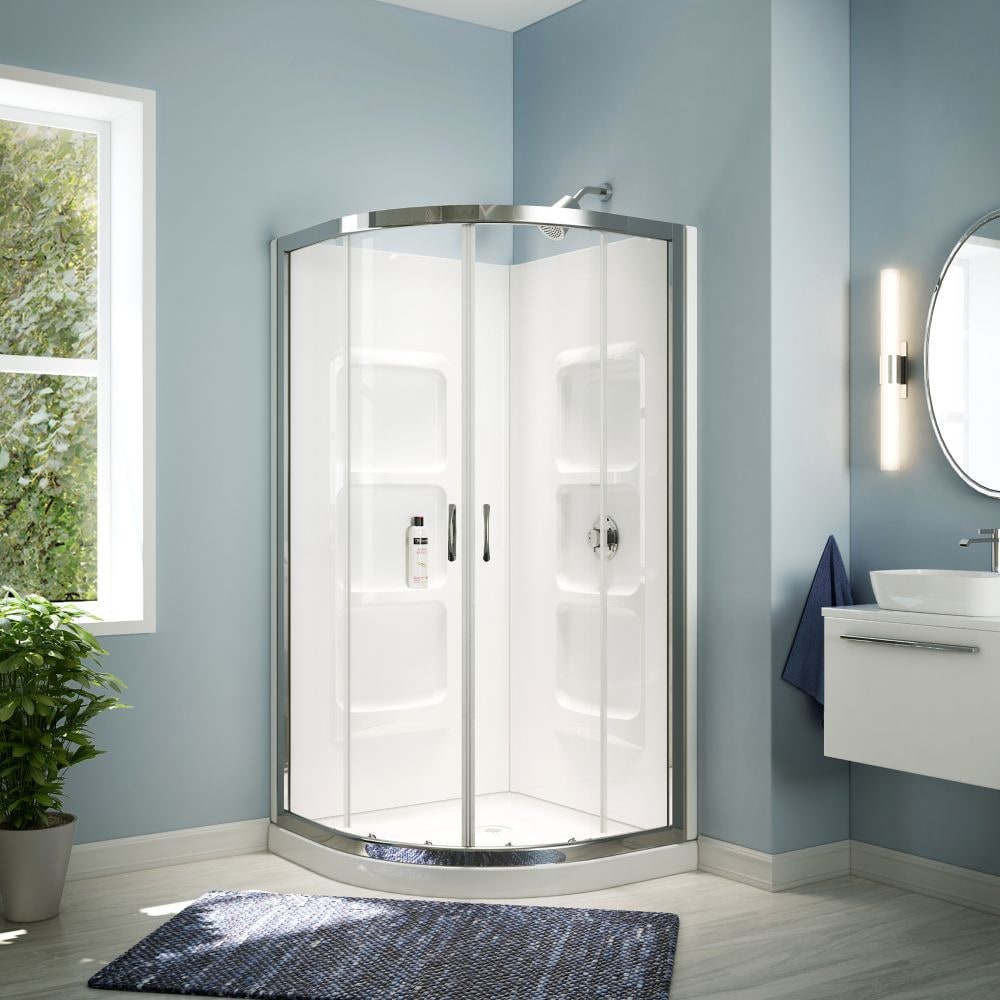 Ensemble de mur et de base de douche d'angle néo-rond Casey 3 pièces à 6 étagères avec portes coulissantes sans cadre
